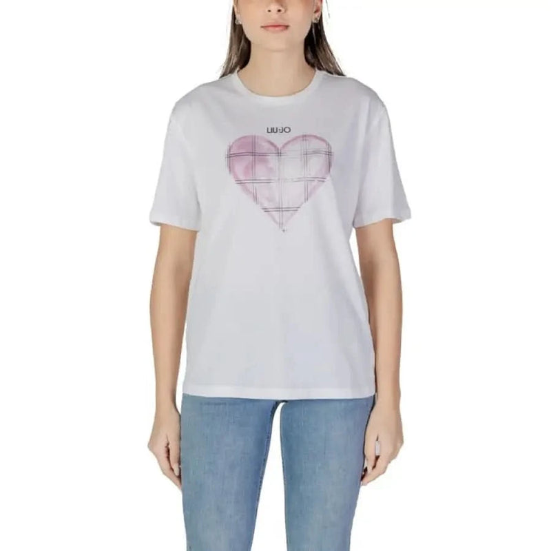 White Liu Jo Cotton T-shirt featuring pink geometric heart design and HUGO text
