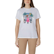 White cotton t-shirt with vibrant colorful graphic of cartoon character riding pink scooter among palm trees and cityscape