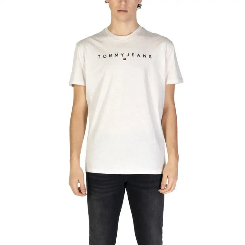 Mens White Tommy Jeans Short Sleeve T Shirt displayed in a retail product image