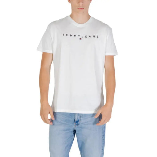 White Tommy Jeans short sleeve T shirt for men displayed in a retail product image