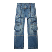 Off white women cotton blue denim cargo jeans with multiple pockets zip fly and distressed finish
