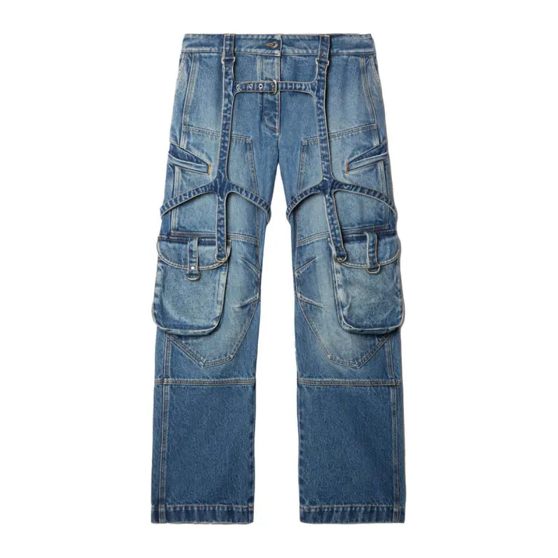 Off white women cotton blue denim cargo jeans with multiple pockets zip fly and distressed finish