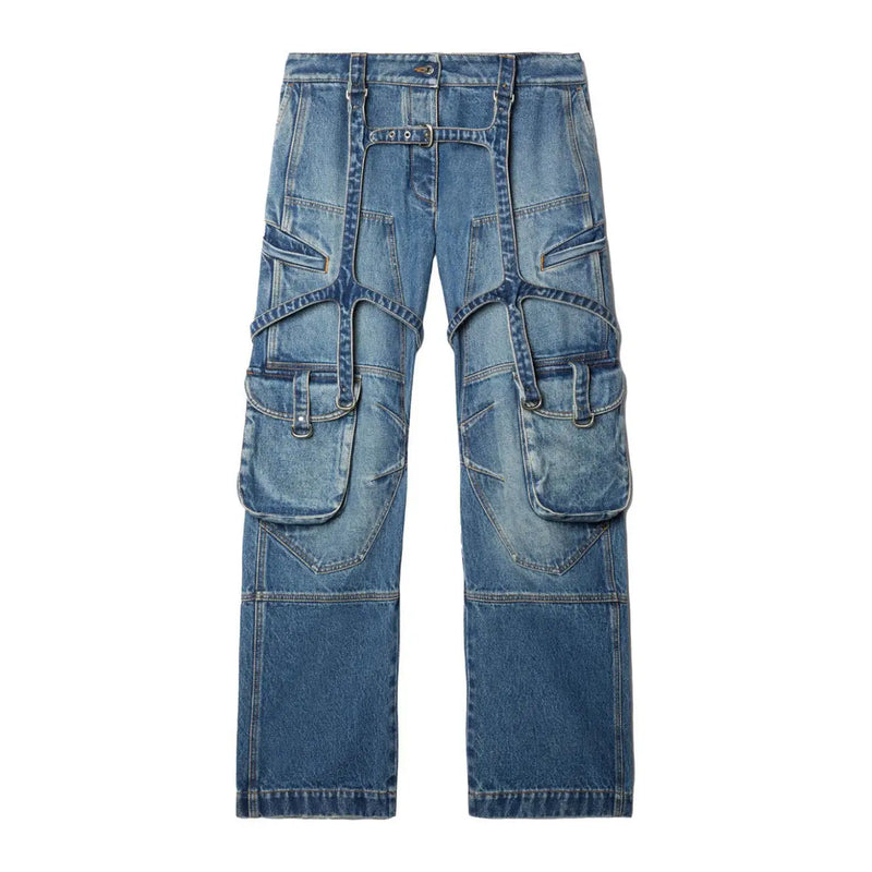 Off white women cotton blue denim cargo jeans with multiple pockets zip fly and distressed finish