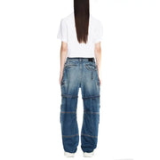 Off white women cotton blue denim cargo jeans with zip fly, distressed finish, multiple pockets, and reinforced stitching