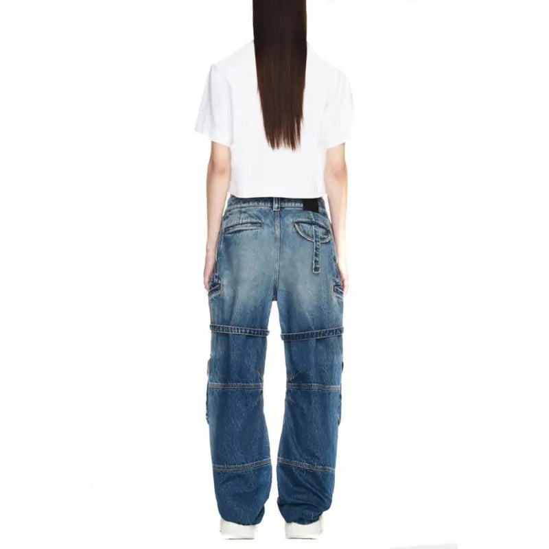 Off white women cotton blue denim cargo jeans with zip fly, distressed finish, multiple pockets, and reinforced stitching