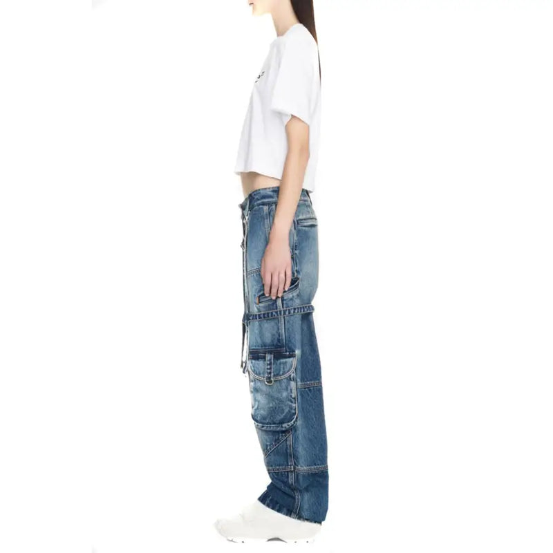 Off white women cotton jeans in blue denim with zip fly relaxed fit and multiple cargo pockets with distressed finish