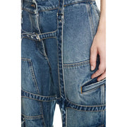 Blue denim cargo pants with multiple pockets and reinforced stitching made of cotton featuring zip fly and distressed finish