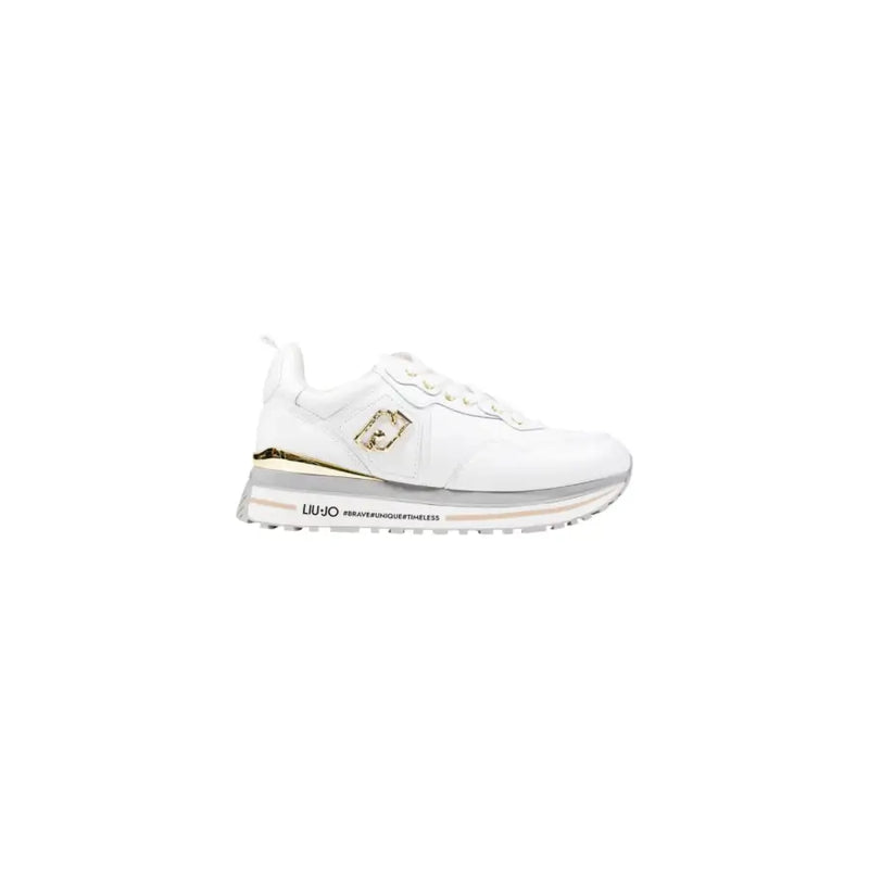 White women’s platform sneakers with gold accents from Liu Jo featuring slip-on sporty faux leather design