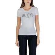White Guess women short-sleeved crew-neck t-shirt with GUESS EST 1981 graphic
