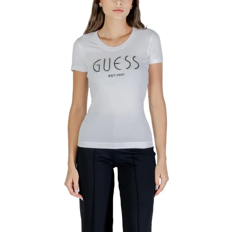 White Guess women short-sleeved crew-neck t-shirt with GUESS EST 1981 graphic