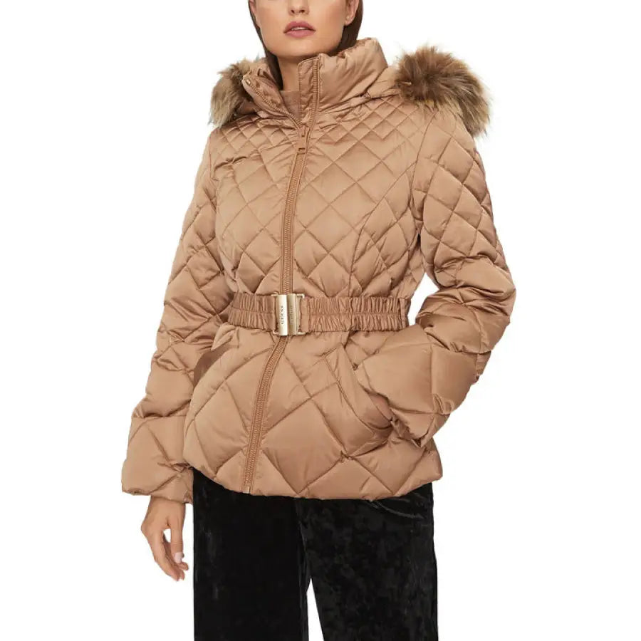 Guess women jacket in beige with fur collar for fall winter product.