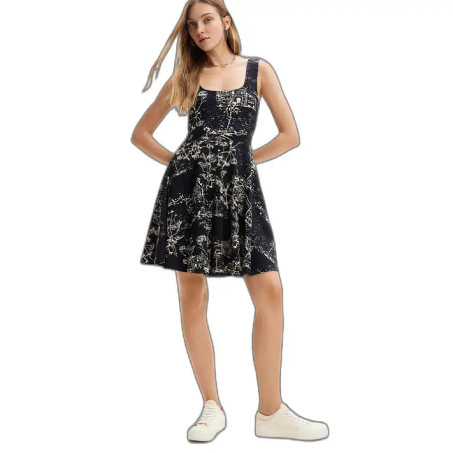 Desigual - Urban Style Women Dress in Black with White and Gold Pattern
