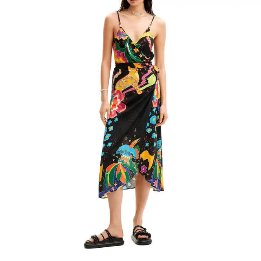 Urban style: Woman in Desigual black dress with colorful floral print - Desigual Women Dress