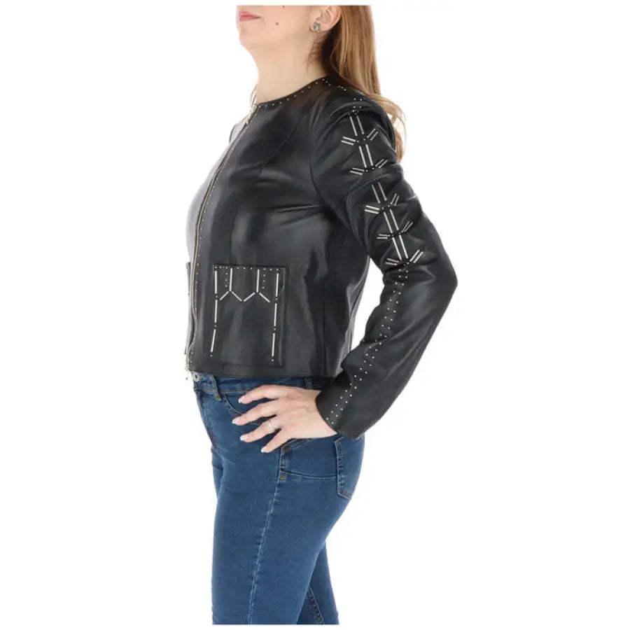 Woman in Patrizia Pepe black leather jacket with studs - Urban Women Blazer