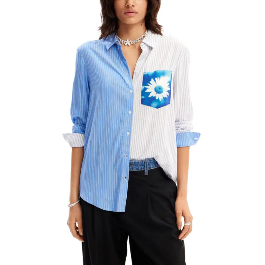 Woman in Desigual blue and white striped blouse, perfect spring summer product.