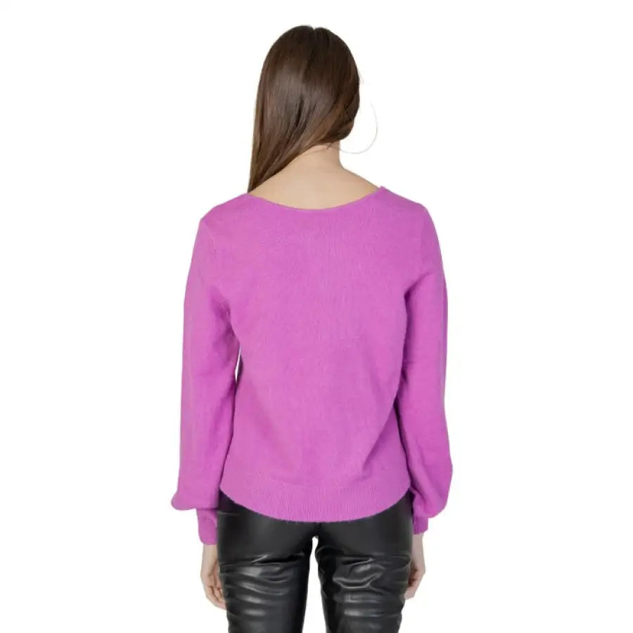 Vila Clothes woman in purple sweater and black leather pants from Vila Clothes Knitwear