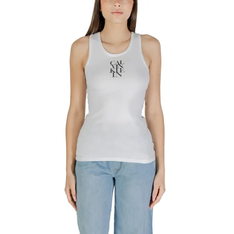 Woman wearing a white ribbed tank top and light blue jeans, showcasing Calvin Klein Jeans Women Sleeveless Round Neck Tank Top