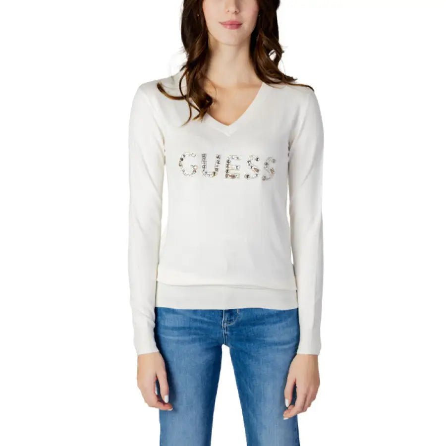 Woman wearing Guess women knitwear with floral design