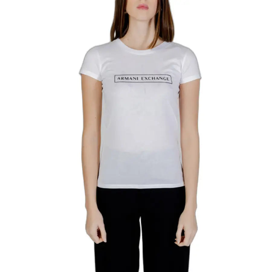 Armani Exchange women’s white t-shirt with logo, Armani Exchange Armani product display