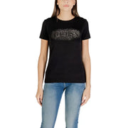 Black crew-neck T-shirt for women featuring a sparkly GUESS logo on the front