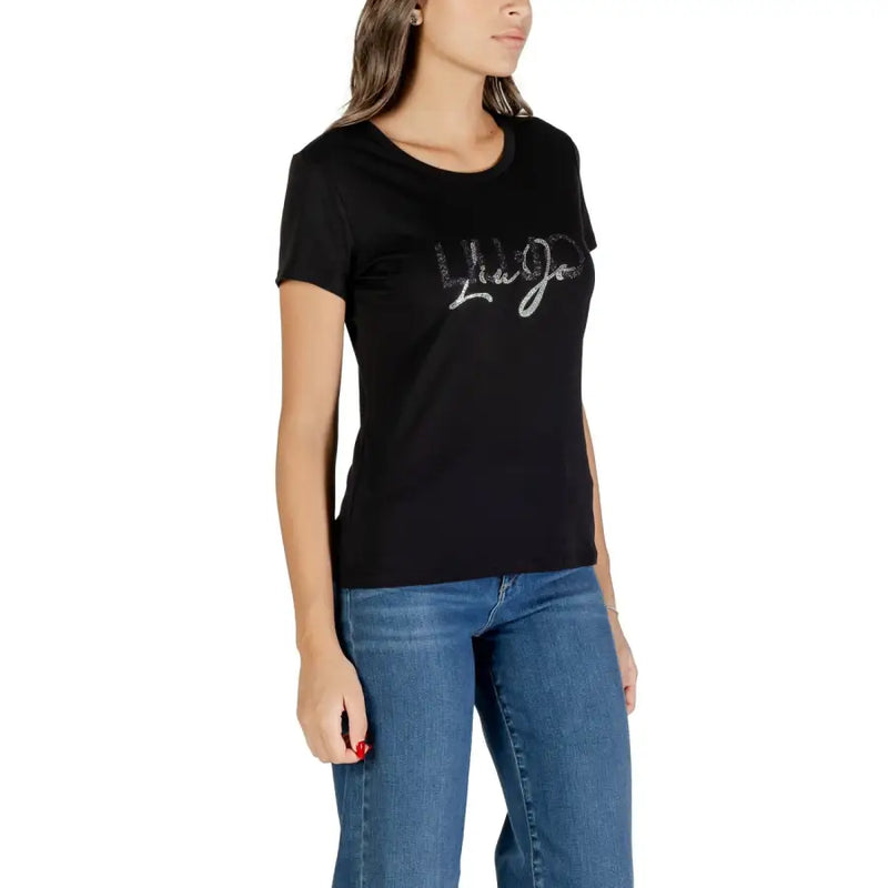 Woman wearing Liu Jo Black Cotton T Shirt with sparkling rhinestone round neck