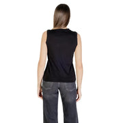 Woman wearing Calvin Klein Jeans black cotton sleeveless round neck tank top and dark grey jeans