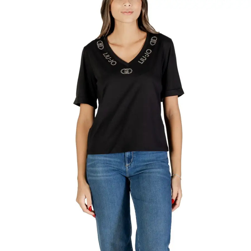 Liu Jo Women Black V Neck T Shirt with Rhinestone Print paired with blue jeans
