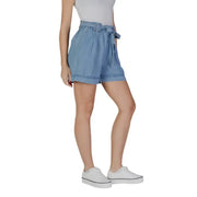 Woman wearing blue Paper Bag Waist Shorts, stylish and comfortable for casual wear