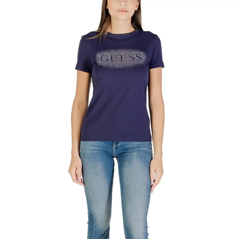 Dark blue Guess Active women’s short sleeve T-shirt with sparkly logo and round neck
