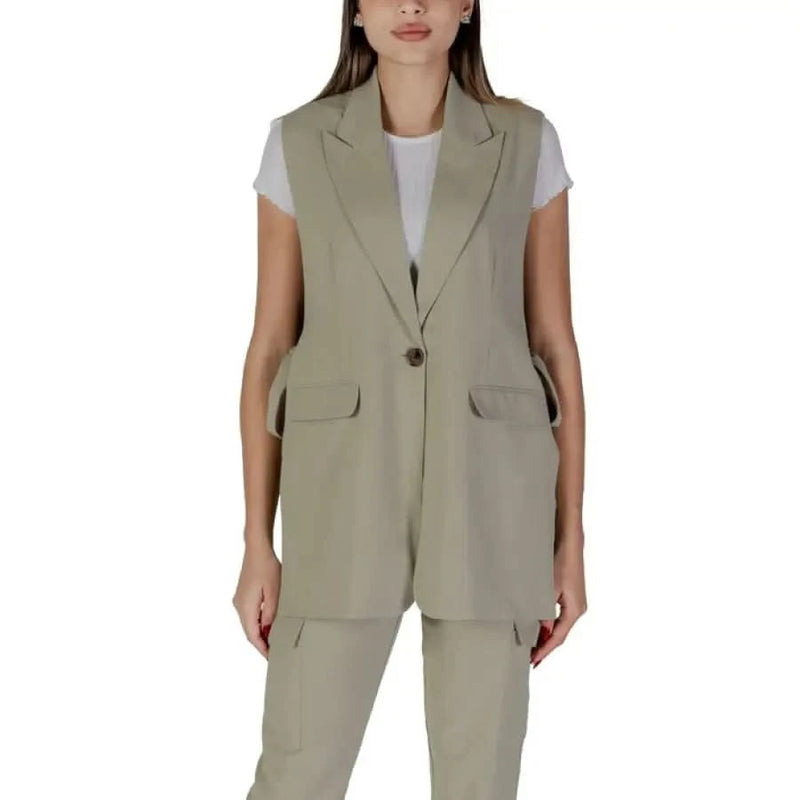 Khaki sleeveless V-neck gilet with front pockets by B.young for women