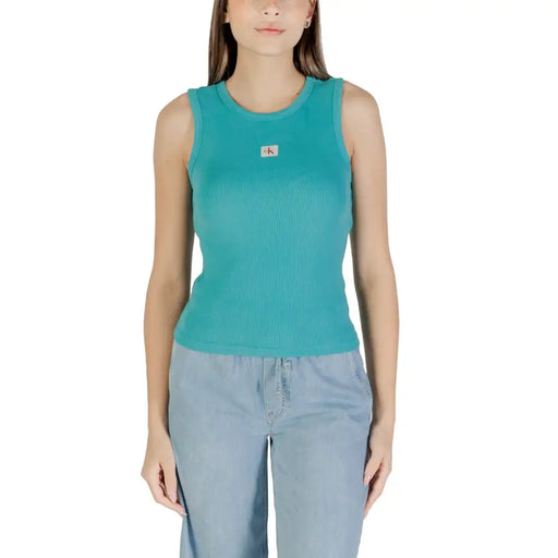 Teal ribbed Calvin Klein Jeans women’s sleeveless tank top with small logo on chest