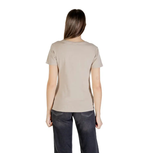 Beige Guess Active Womens T Shirt with short sleeves and round neck for fall winter