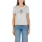 Women wearing a white short-sleeved Tommy Girl T-shirt with star graphic and round neck