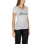Woman’s white short-sleeve T-shirt with Guess est 1981 glittery script and rhinestone details