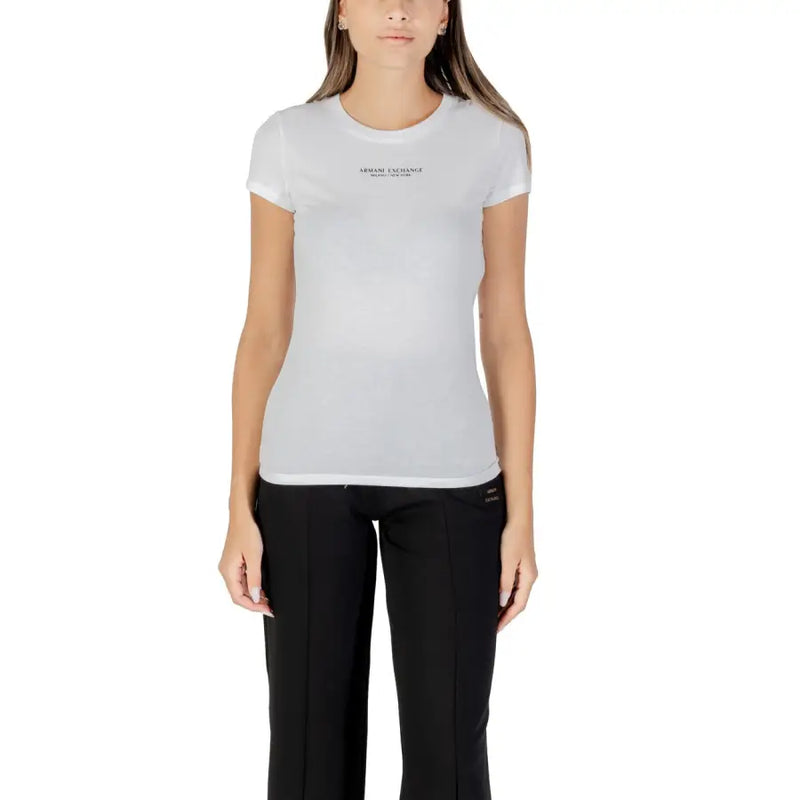 White short-sleeved crew neck T-shirt for women from Armani Exchange with a black printed design
