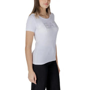 Ea7 Women Spring Summer White Round Neck T Shirt with fitted silhouette on a woman