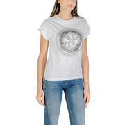 Guess Women Fall Winter white cotton round neck T-shirt with metallic circular graphic