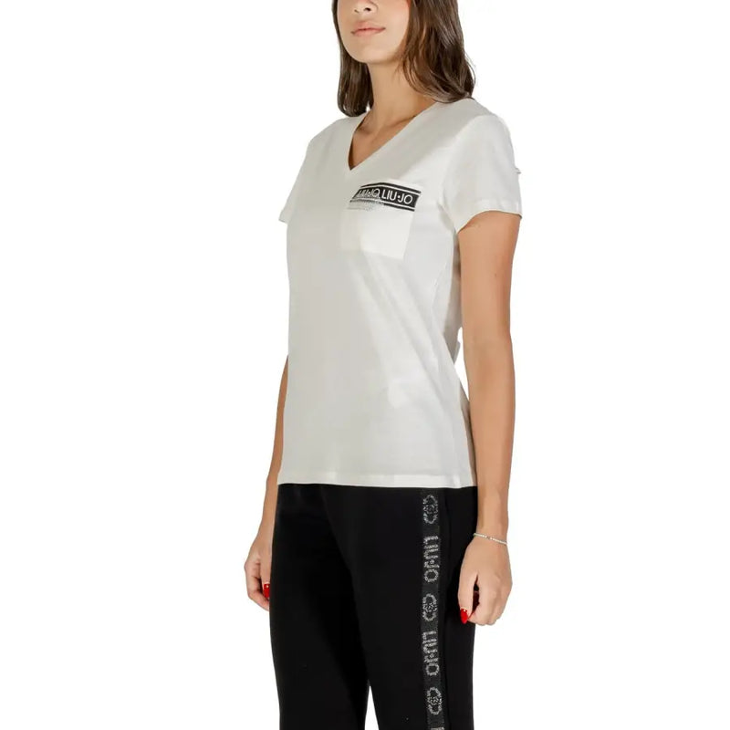 Woman wearing Liu Jo White V-neck cotton T-shirt with chest pocket and black trim