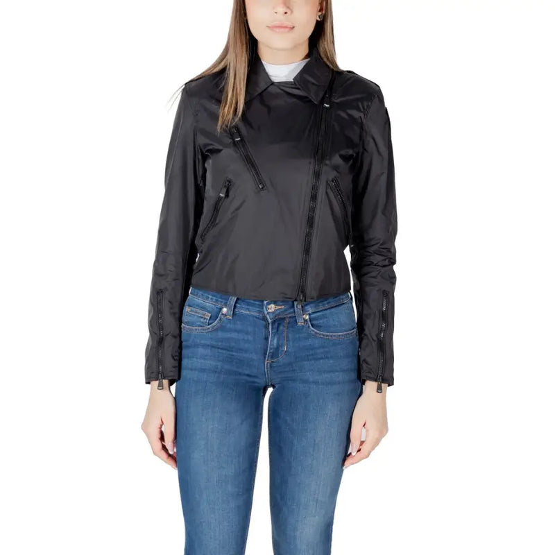 Women black moto jacket made of nylon with zippered pockets and sleeve cuffs for stylish outerwear