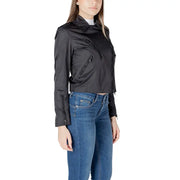 Women black moto jacket in satin-like material with zippers on sleeves and front pockets for stylish outerwear