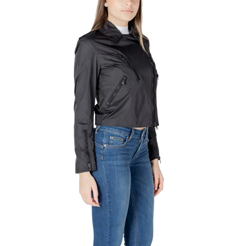 Women black moto jacket in satin-like material with zippers on sleeves and front pockets for stylish outerwear