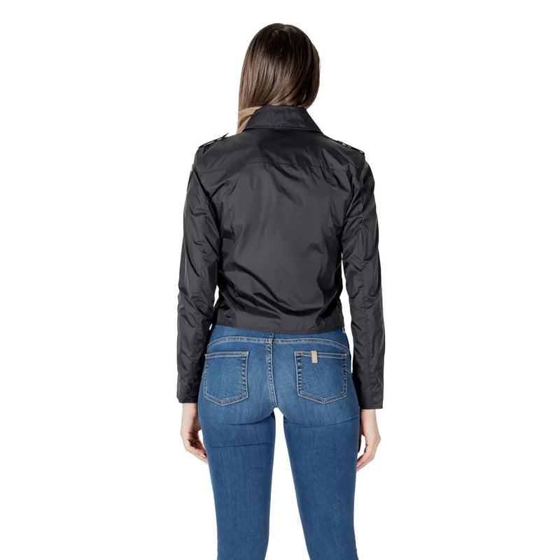 Women black moto jacket made of nylon with subtle shoulder epaulets for a sleek bomber style look