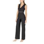 Women black sleeveless V neck Rinascimento jumpsuit with gold-toned waist stripes