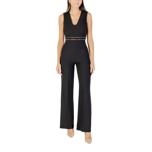 Women black sleeveless v neck rinascimento jumpsuit with gold-trimmed waistband and wide-leg trousers