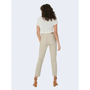 Beige Damen-Jeans mit hohem Bund, geradem Bein und Taschen, modernem Schnitt und dezenten Ziernähten.