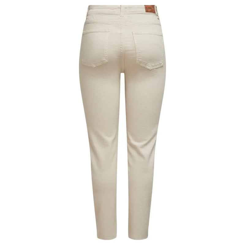 Back view of women’s beige high-waisted denim jeans with classic pockets and brown leather brand patch at waistband