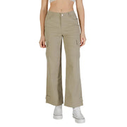 Women beige cotton elastane wide-leg cargo trousers paired with white platform sneakers