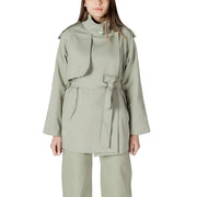 A sleek olive green belted trench coat with a high collar for women in a stylish blazer design