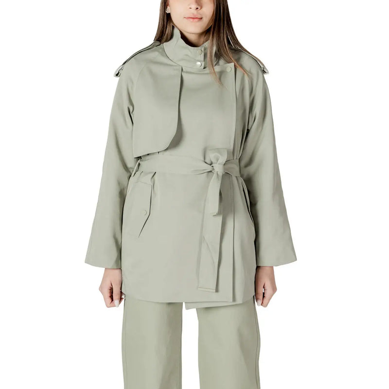 A sleek olive green belted trench coat with a high collar for women in a stylish blazer design