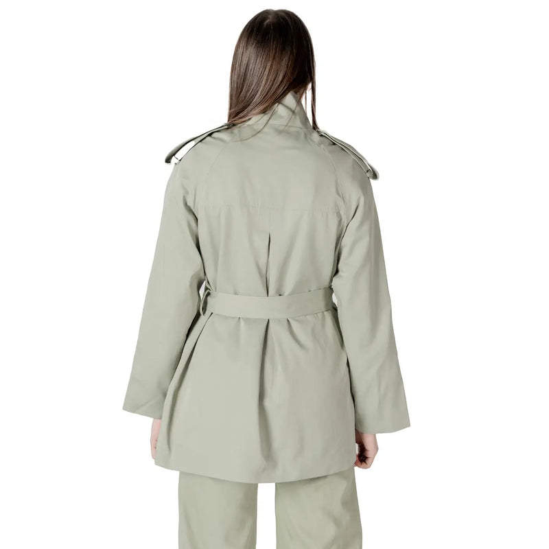 A sleek olive green women’s belted trench coat blazer with structured shoulder epaulets and matching belt